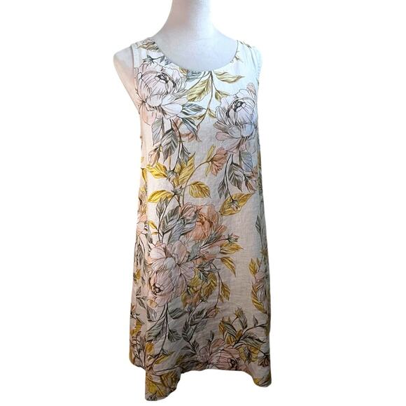 Nicole Miller 100% Linen Sleeveless Scoopneck Cream Floral Dress | Size L - Picture 1 of 9